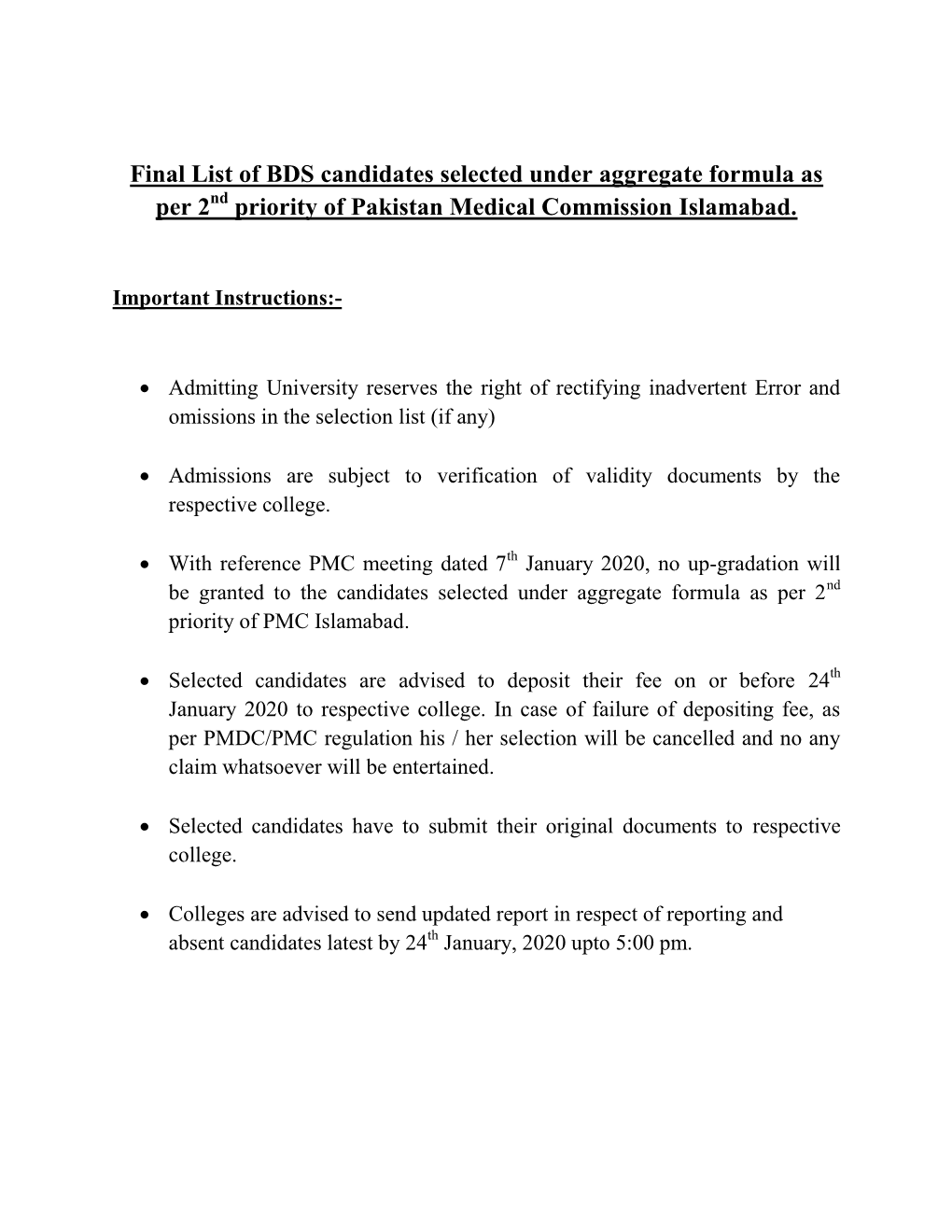 Final List of BDS Candidates Selected Under Aggregate Formula As Per 2Nd Priority of Pakistan Medical Commission Islamabad