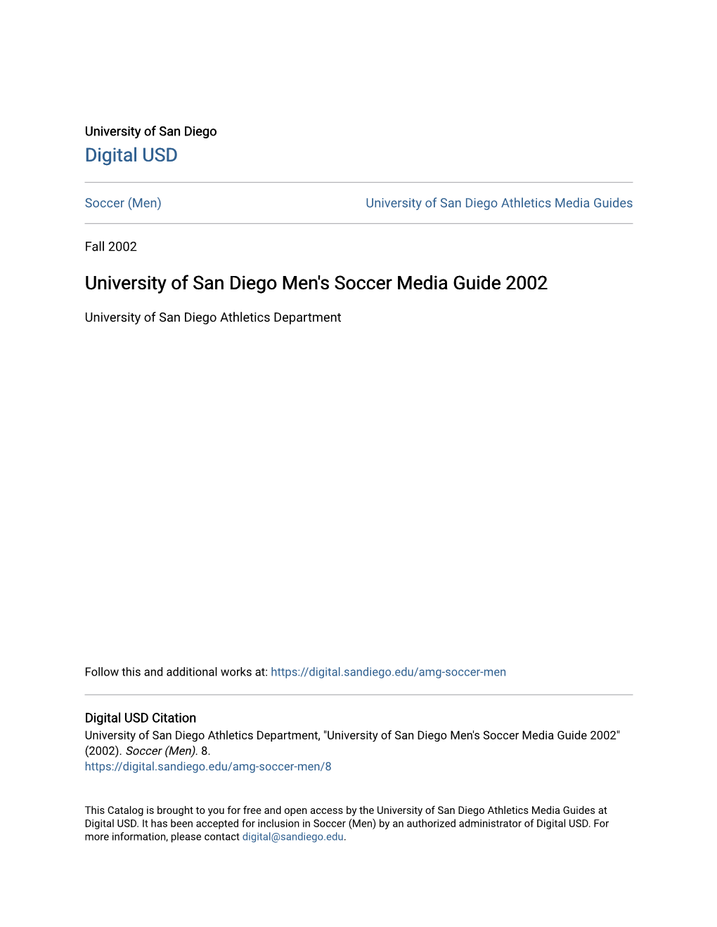 University of San Diego Men's Soccer Media Guide 2002