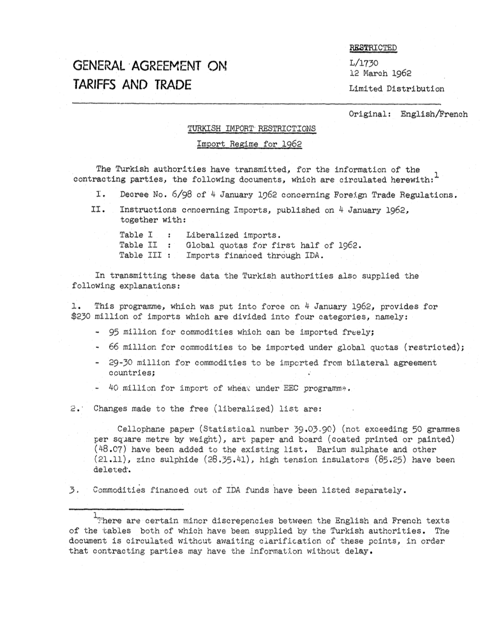 L/173012 March 1962 TARIFFS and TRADE Limited Distribution