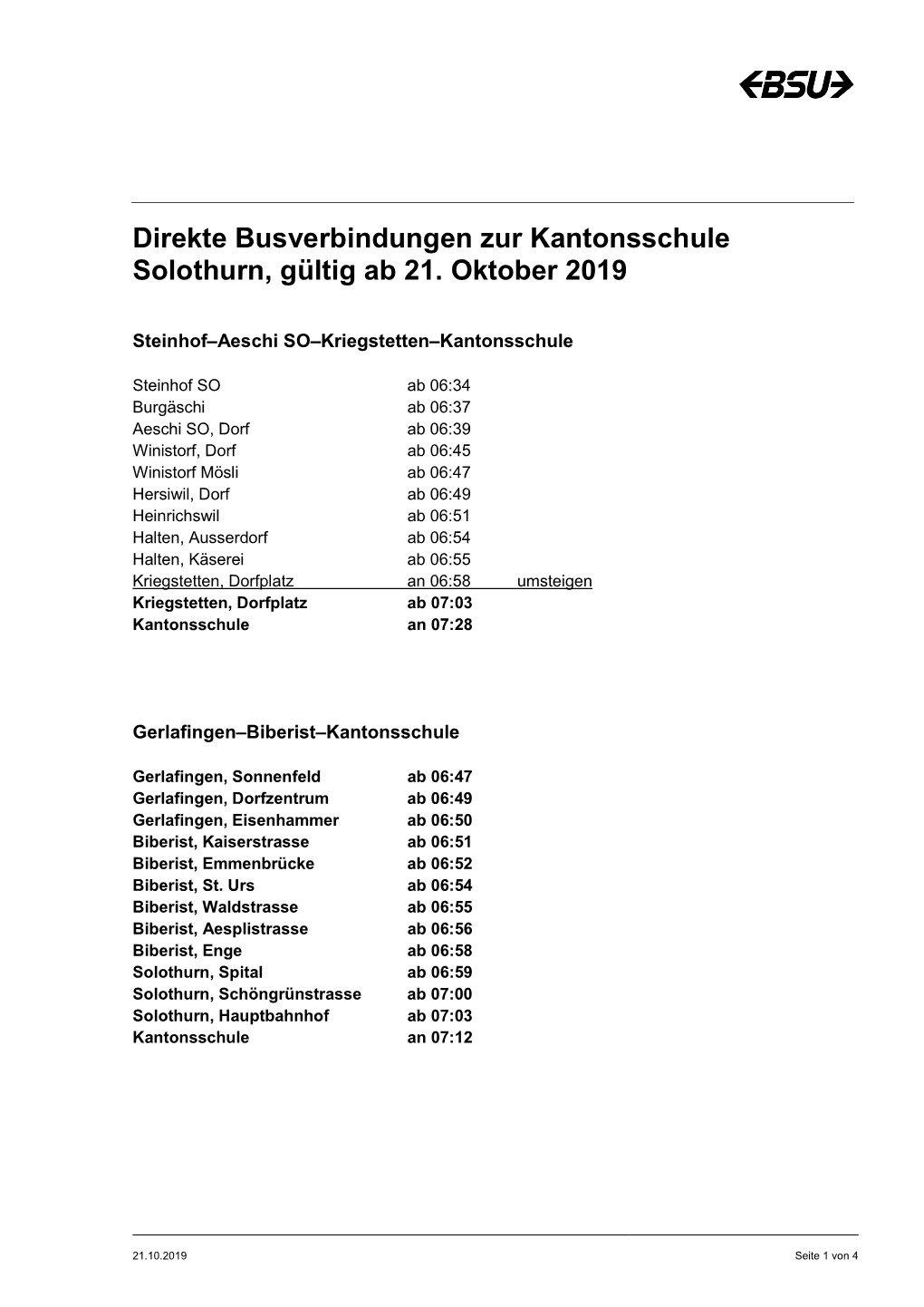 Direkte Busverbindungen Zur Kantonsschule Solothurn, Gültig Ab 21. Oktober 2019