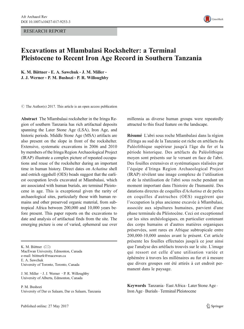 Excavations at Mlambalasi Rockshelter: a Terminal Pleistocene to Recent Iron Age Record in Southern Tanzania