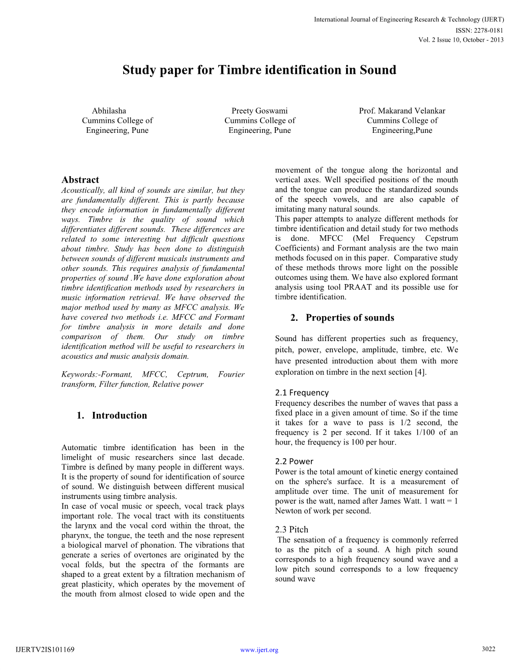 Study Paper for Timbre Identification in Sound