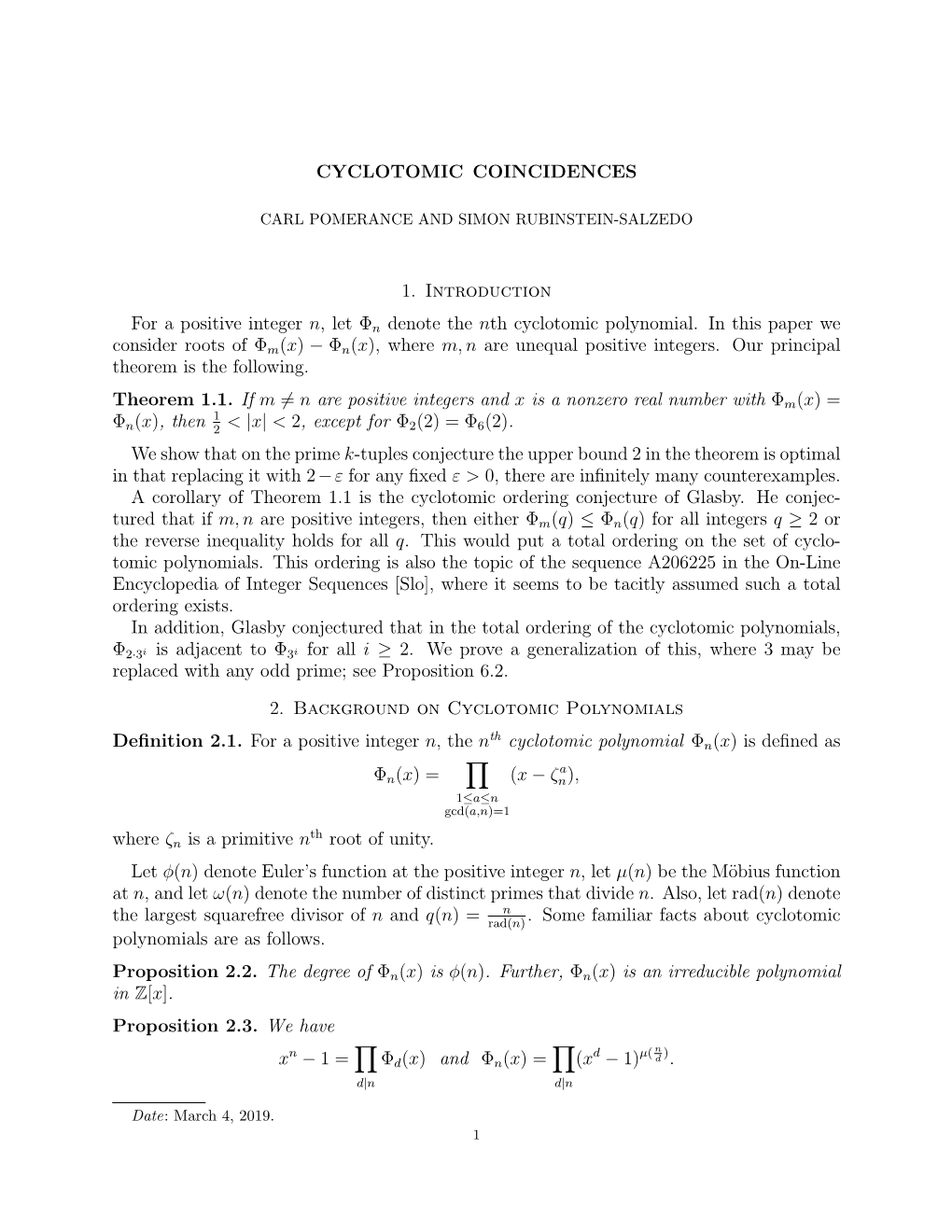 CYCLOTOMIC COINCIDENCES 1. Introduction for a Positive Integer N