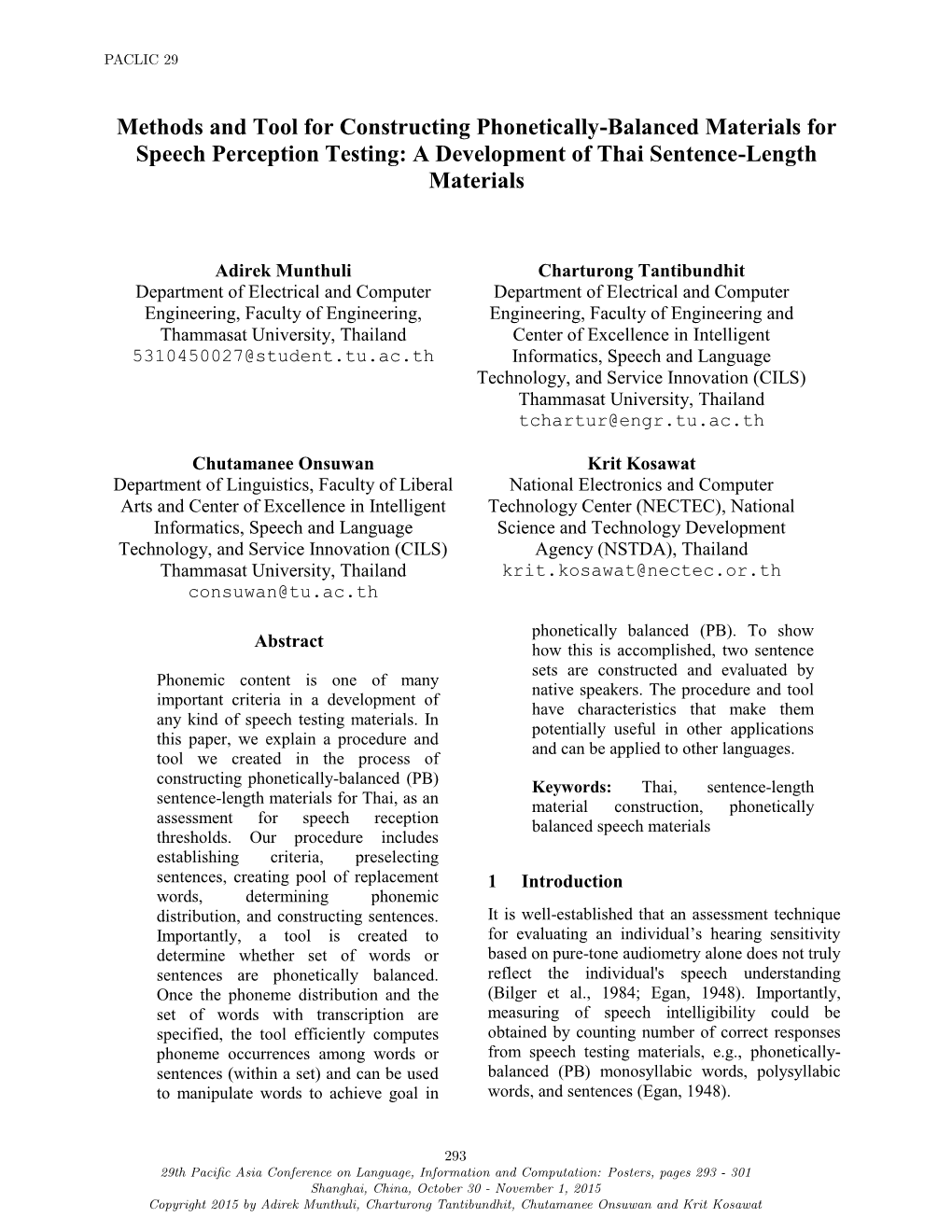 Methods and Tool for Constructing Phonetically-Balanced Materials for Speech Perception Testing: a Development of Thai Sentence-Length Materials