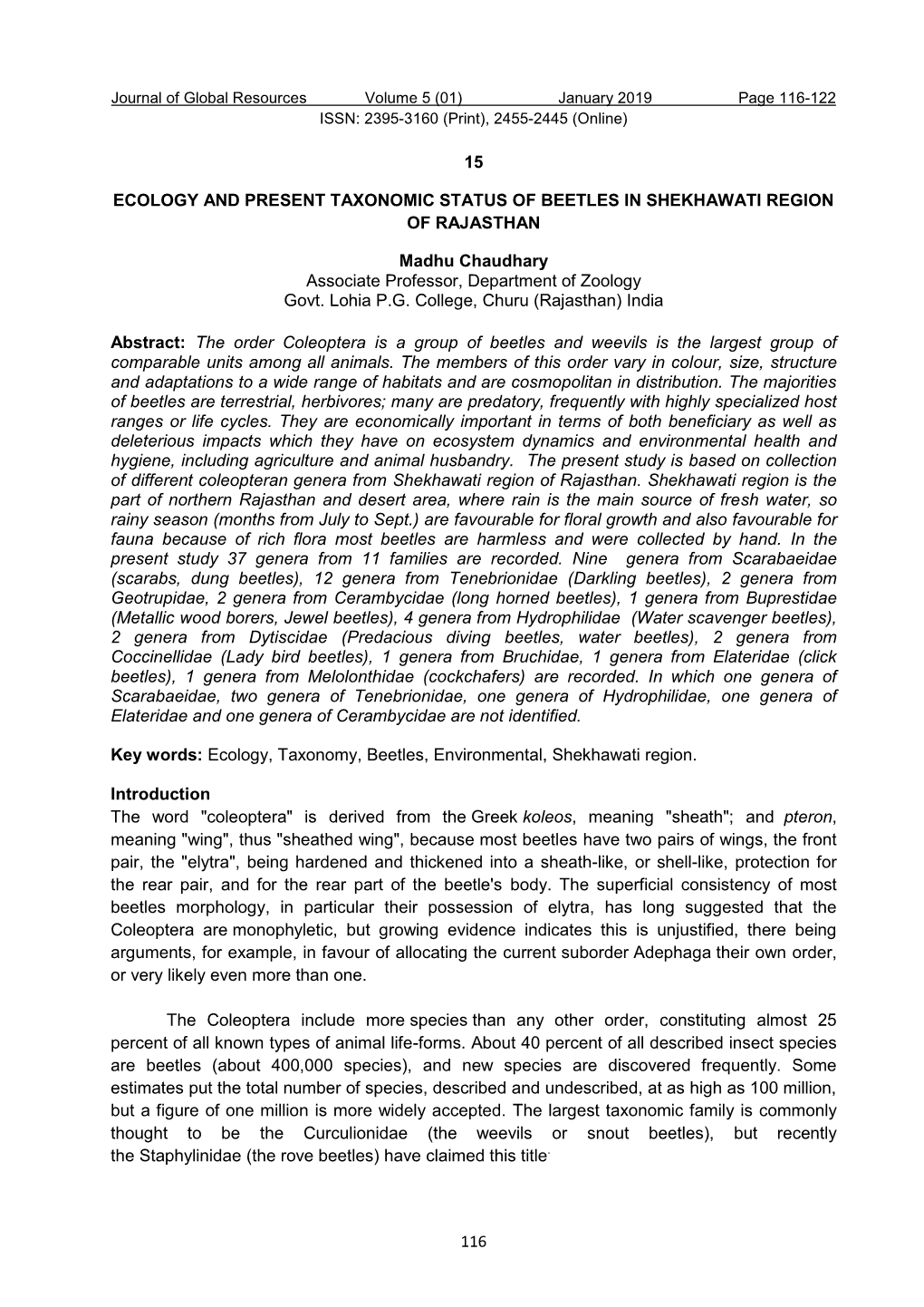 Ecology and Present Taxonomic Status of Beetles in Shekhawati Region of Rajasthan