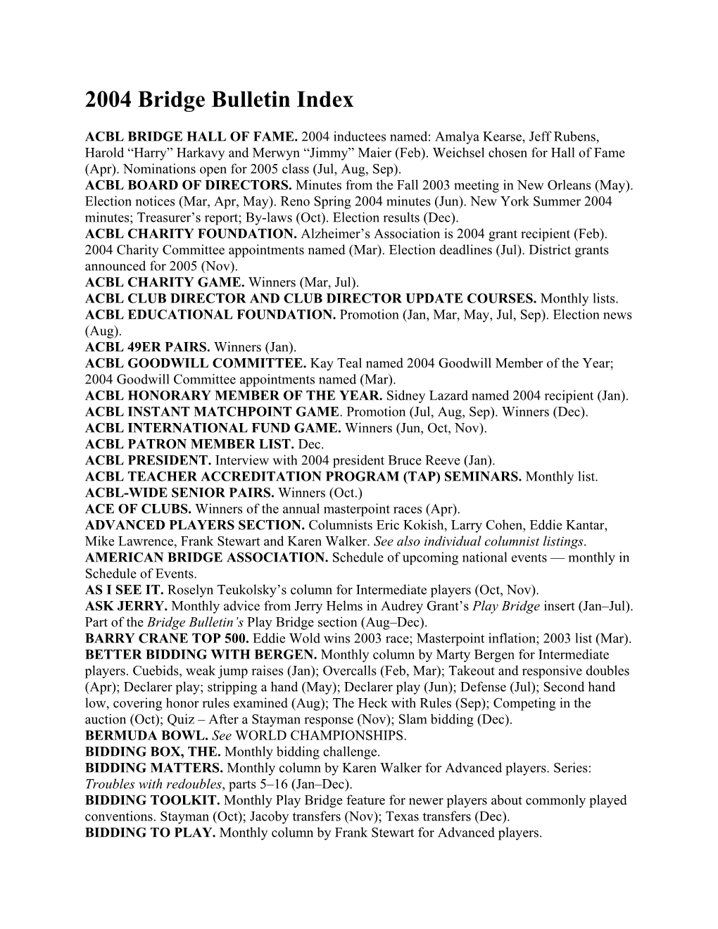 2004 Bridge Bulletin Index