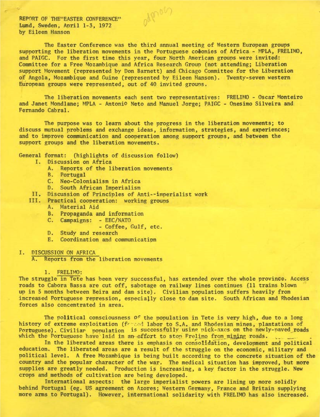 REPORT of Thelieaster CONFERENCE" Lund, Sweden, April 1-3, 1972 by Eileen Hanson