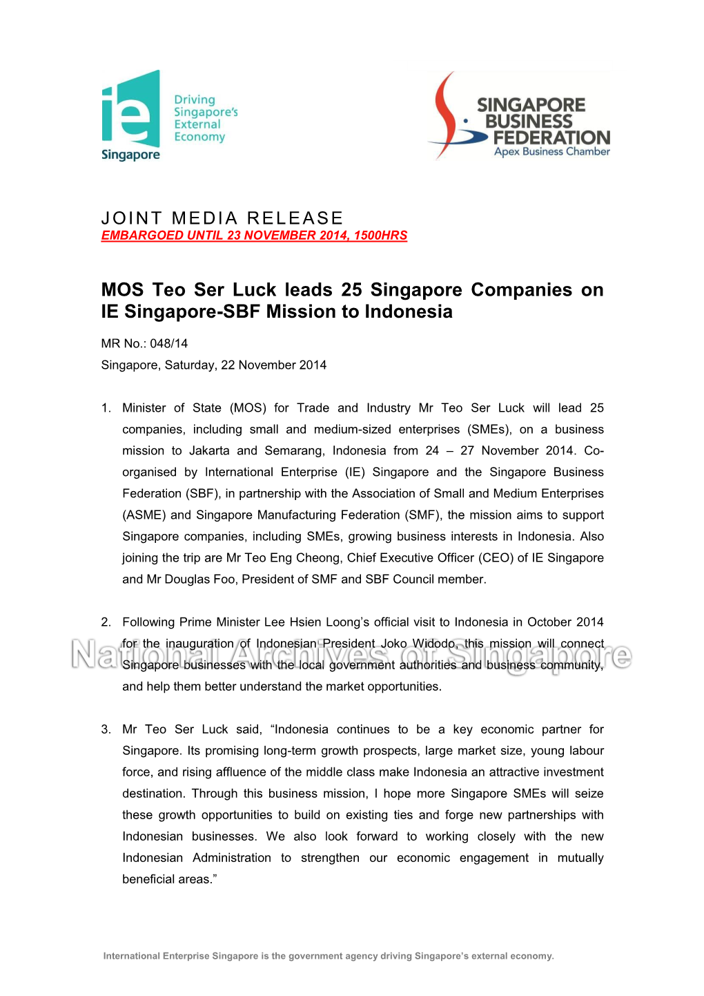 MOS Teo Ser Luck Leads 25 Singapore Companies on IE Singapore-SBF Mission to Indonesia
