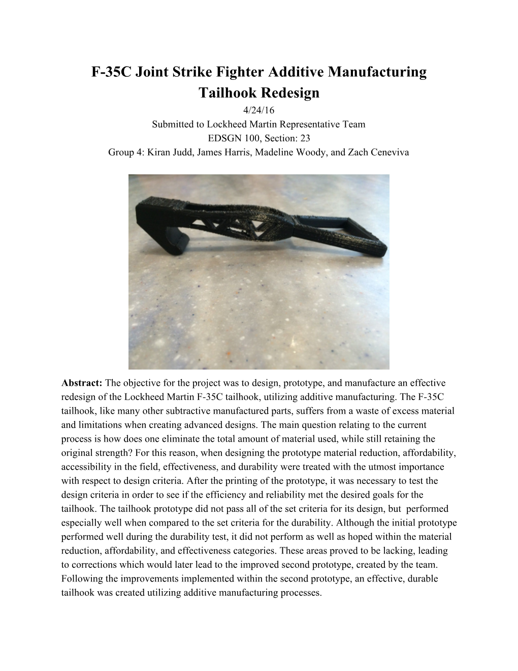 F35C Joint Strike Fighter Additive Manufacturing Tailhook Redesign