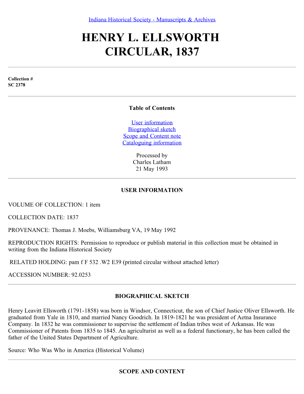 Henry L. Ellsworth Circular, 1837