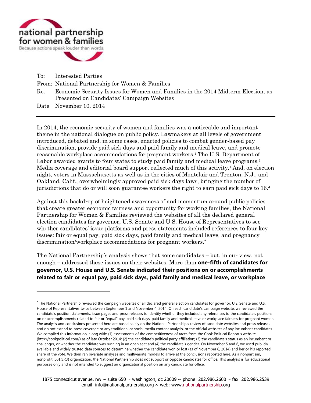 Economic Security Issues for Women and Families in the 2014 Midterm Election, As Presented on Candidates’ Campaign Websites Date: November 10, 2014