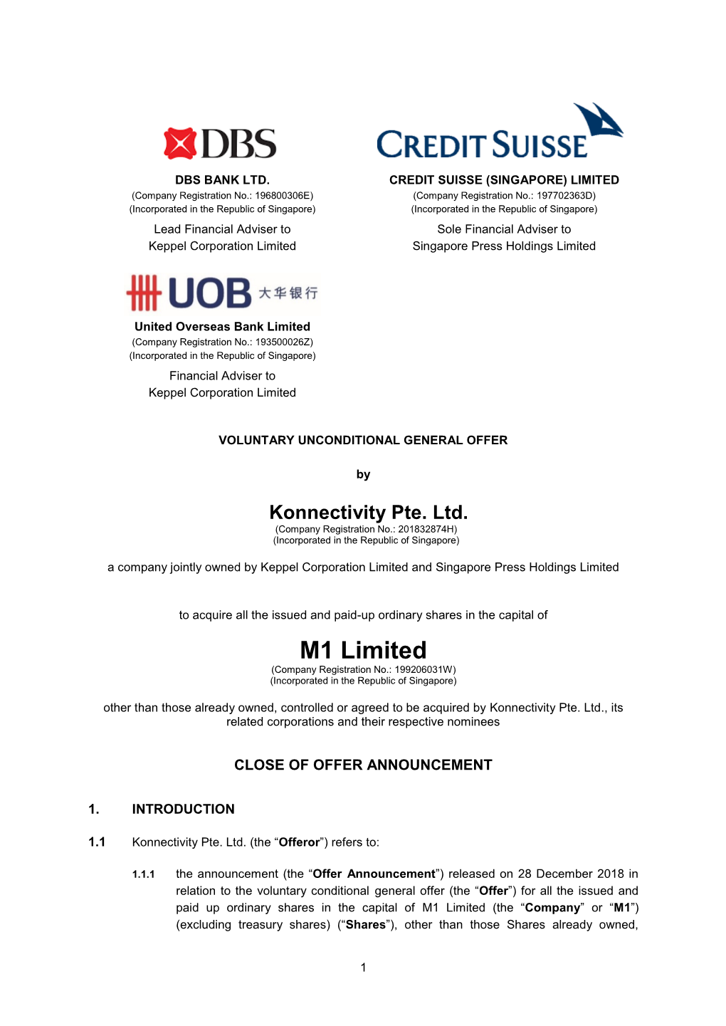 M1 Limited (Company Registration No.: 199206031W) (Incorporated in the Republic of Singapore)