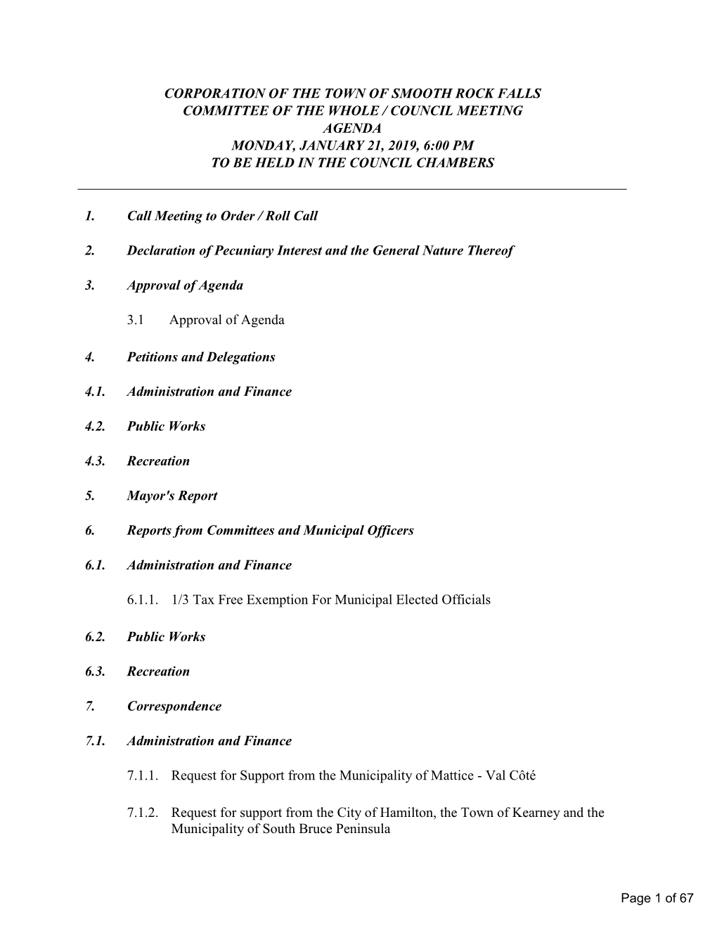 Committee of the Whole / Council Meeting Agenda Monday, January 21, 2019, 6:00 Pm to Be Held in the Council Chambers