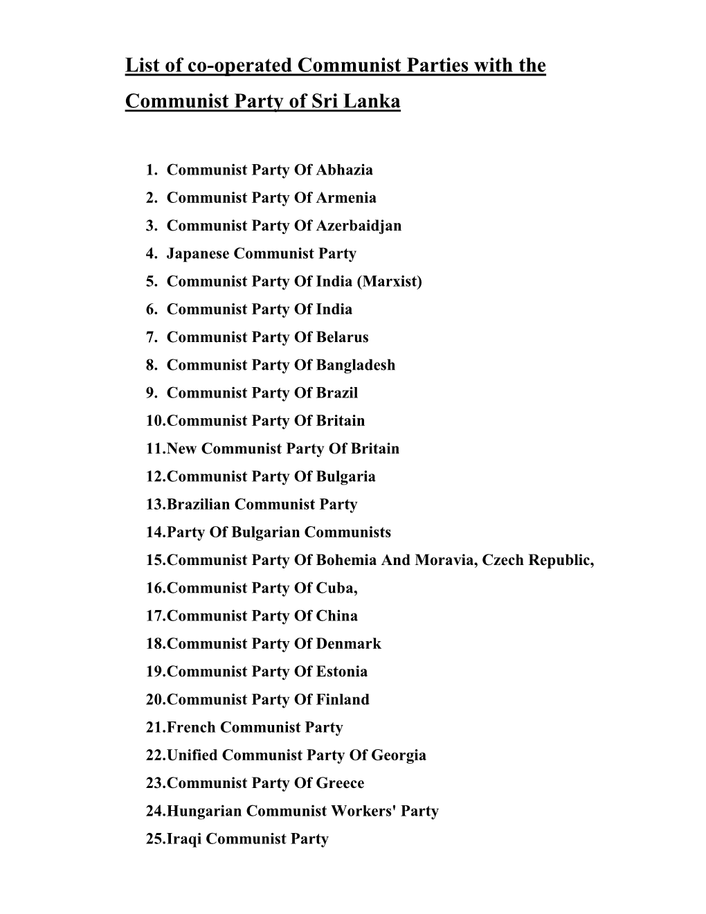 List of Co-Operated Communist Parties with the Communist Party of Sri Lanka