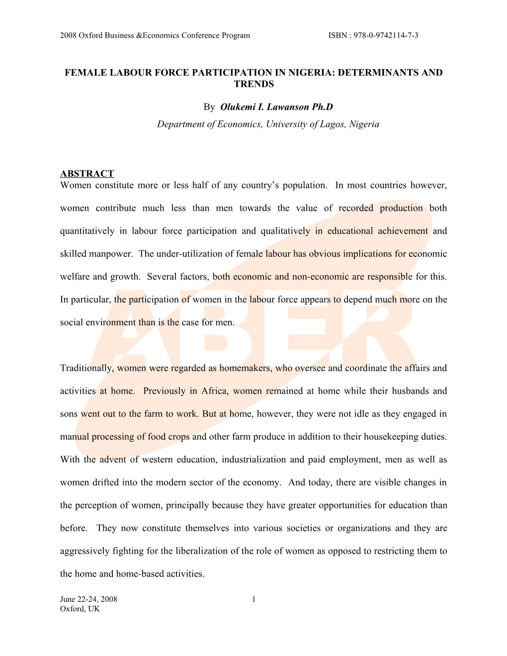 Female Labour Force Participation in Nigeria - Determinants and Trends