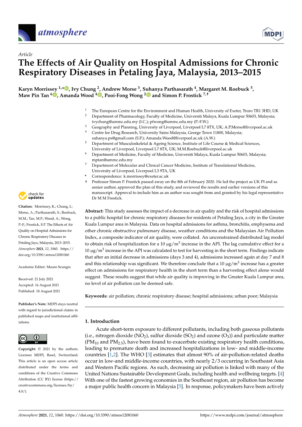 The Effects of Air Quality on Hospital Admissions for Chronic Respiratory Diseases in Petaling Jaya, Malaysia, 2013–2015