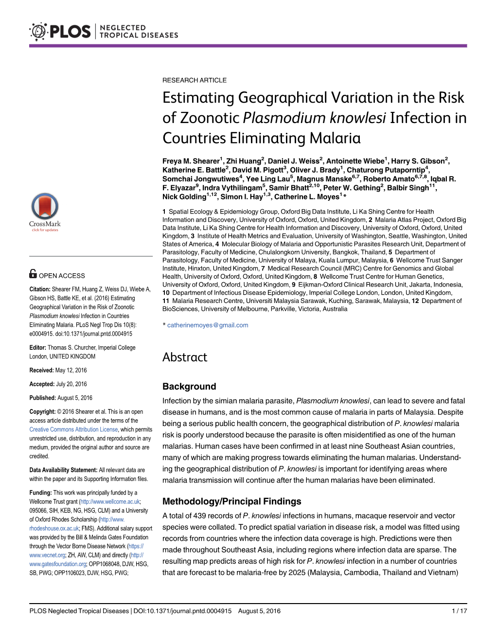 Estimating Geographical Variation in the Risk of Zoonotic Plasmodium Knowlesi Infection in Countries Eliminating Malaria