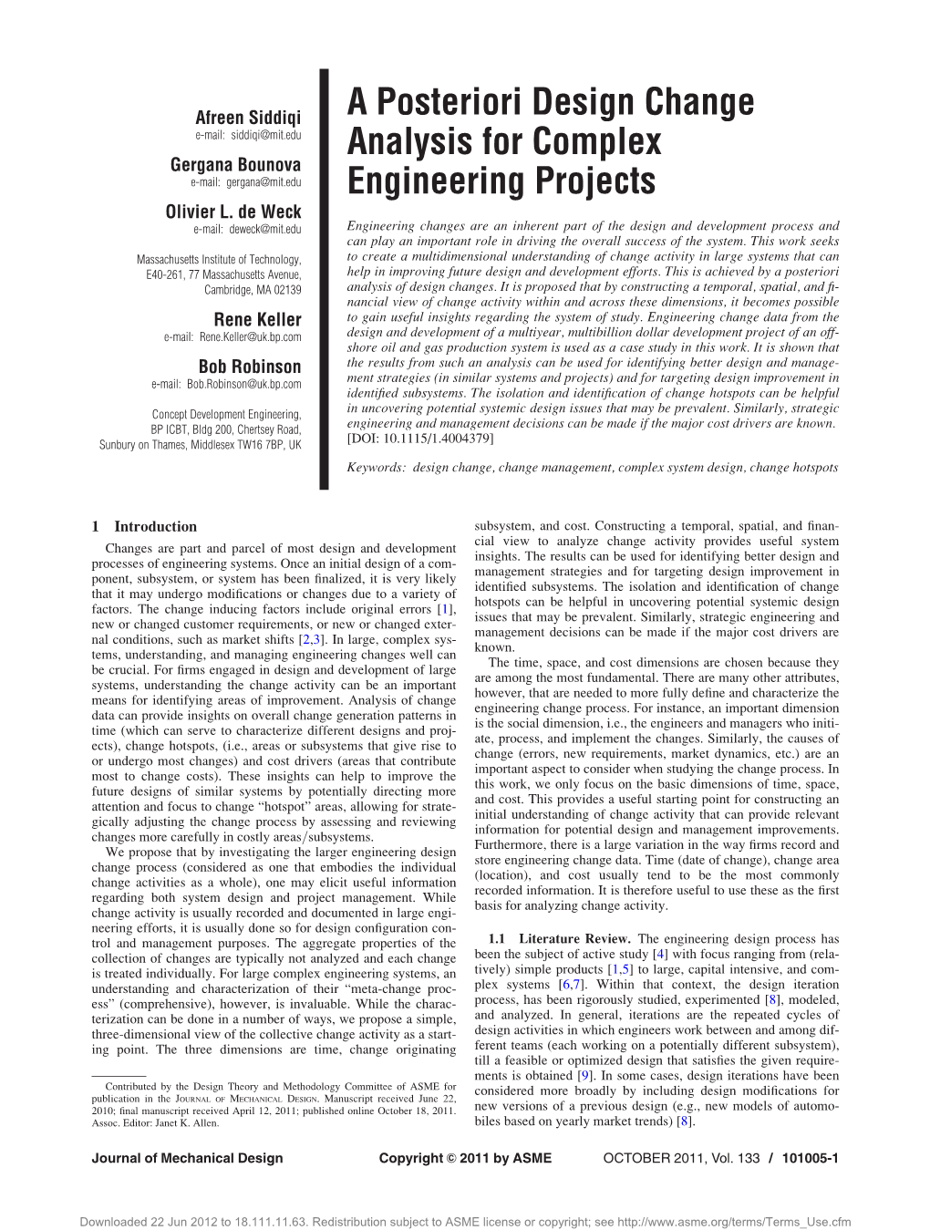 A Posteriori Design Change Analysis for Complex Engineering Projects