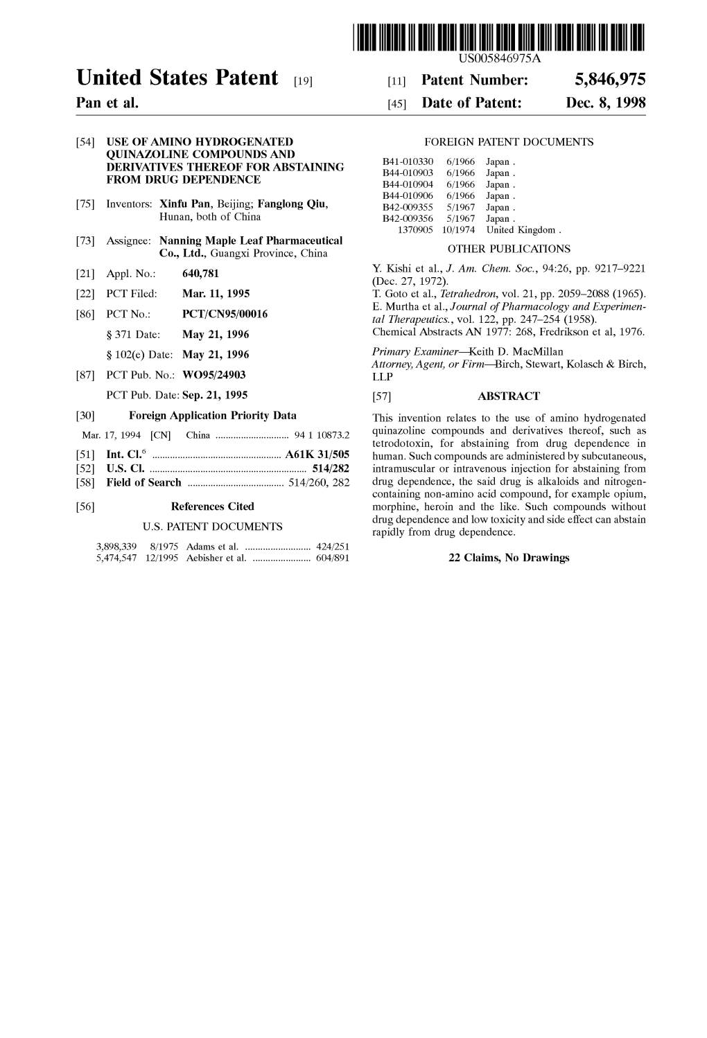 United States Patent (19) 11 Patent Number: 5,846,975 Pan Et Al