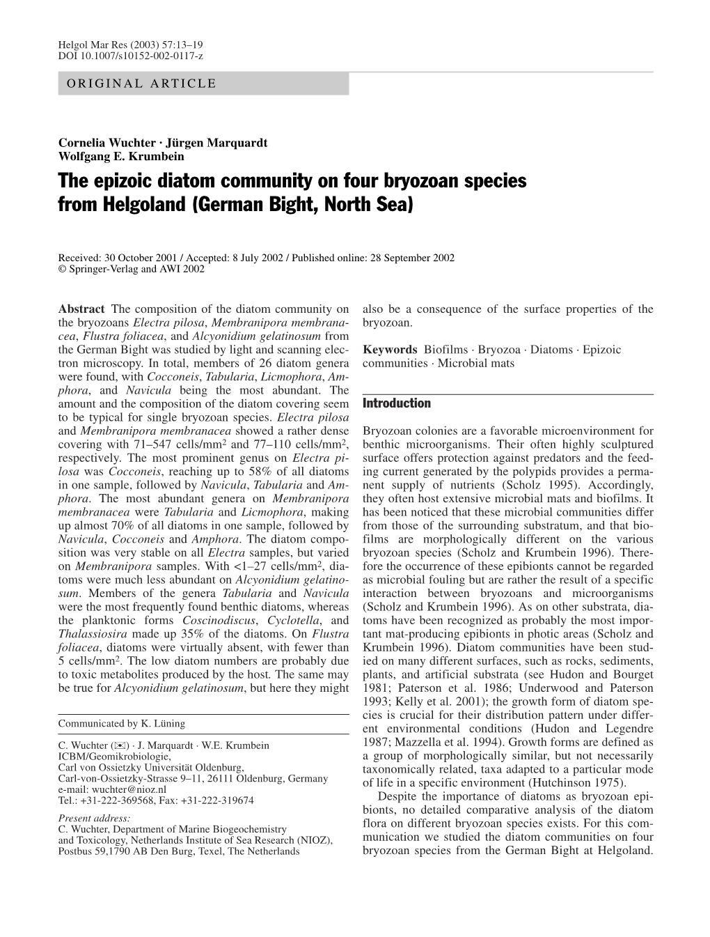 The Epizoic Diatom Community on Four Bryozoan Species from Helgoland (German Bight, North Sea)