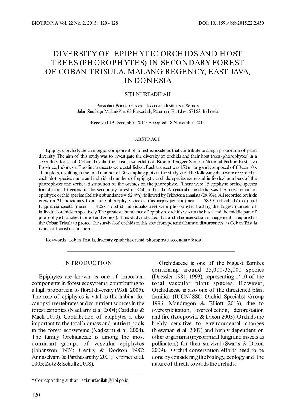 Diversity of Epiphytic Orchids and Host Trees (Phorophytes) in Secondary Forest of Coban Trisula, Malang Regency, East Java, Indonesia