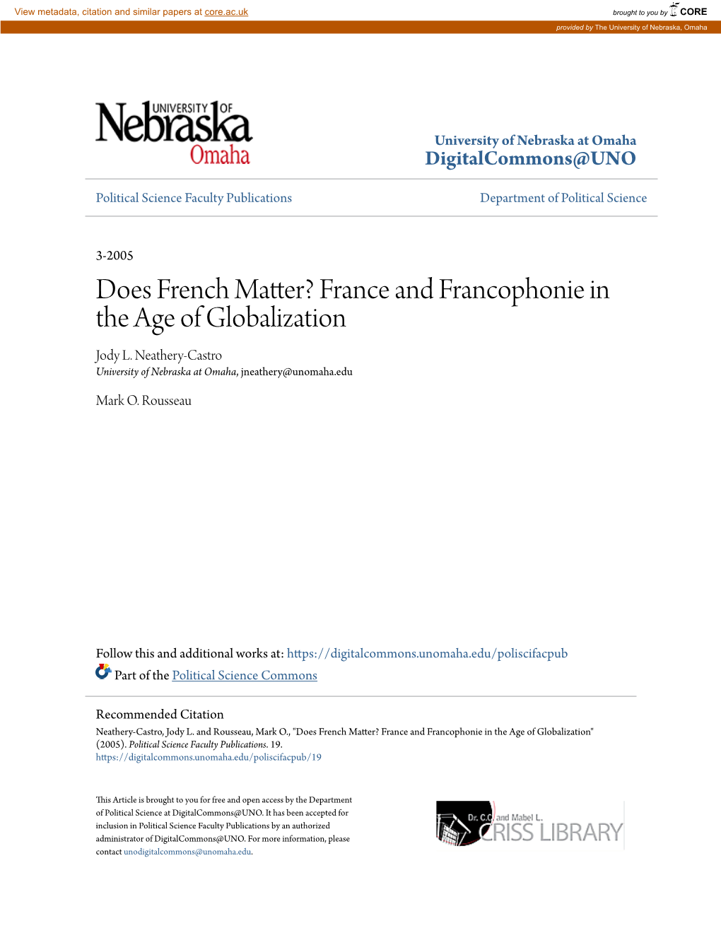 Does French Matter? France and Francophonie in the Age of Globalization Jody L