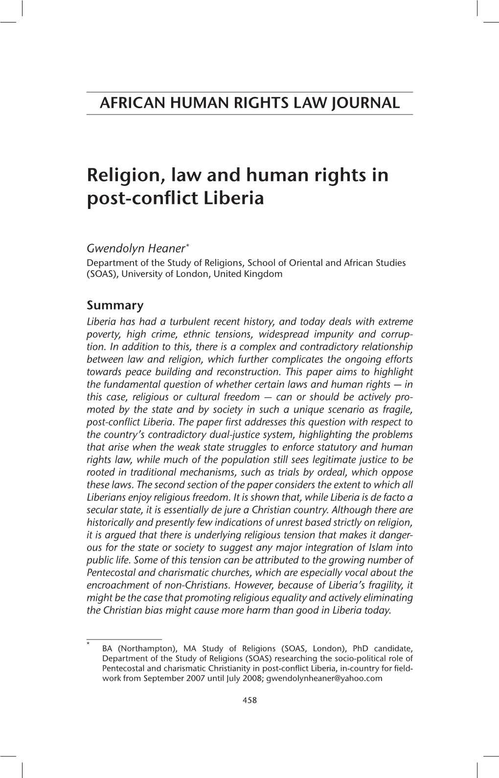 Religion, Law and Human Rights in Post-Conflict Liberia