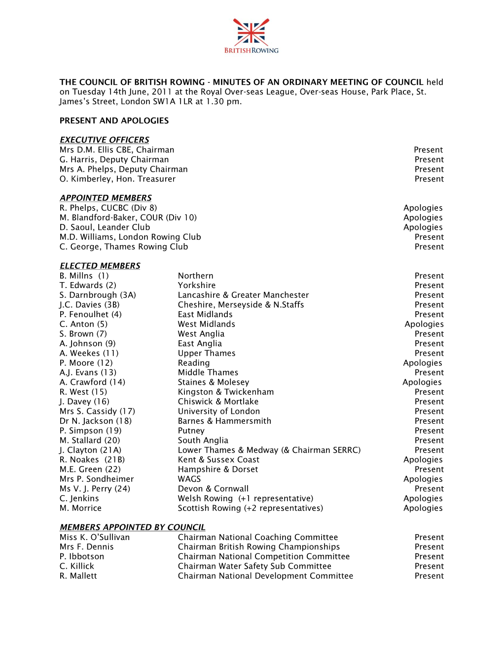 MINUTES of an ORDINARY MEETING of COUNCIL Held on Tuesday 14Th June, 2011 at the Royal Over-Seas League, Over-Seas House, Park Place, St