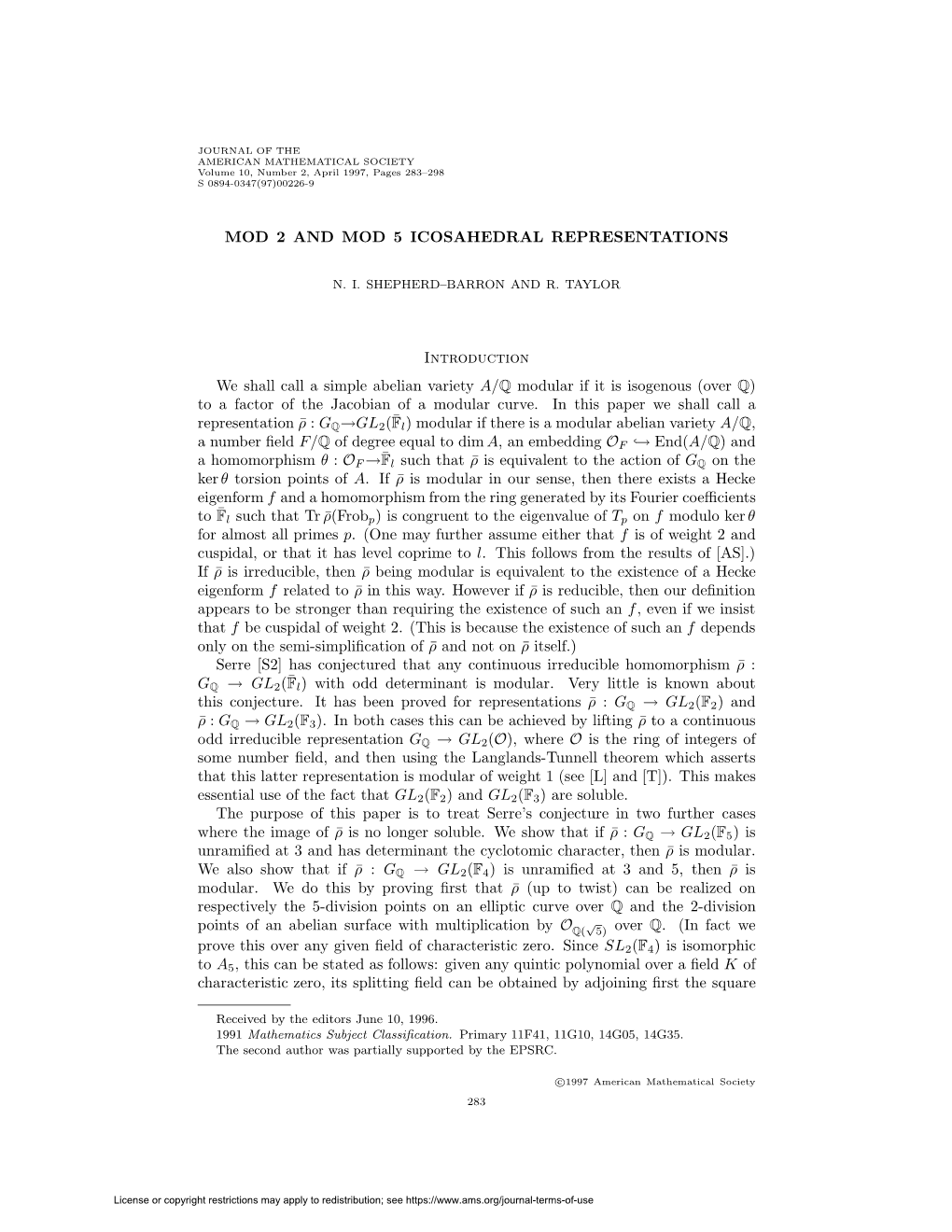 MOD 2 and MOD 5 ICOSAHEDRAL REPRESENTATIONS Introduction