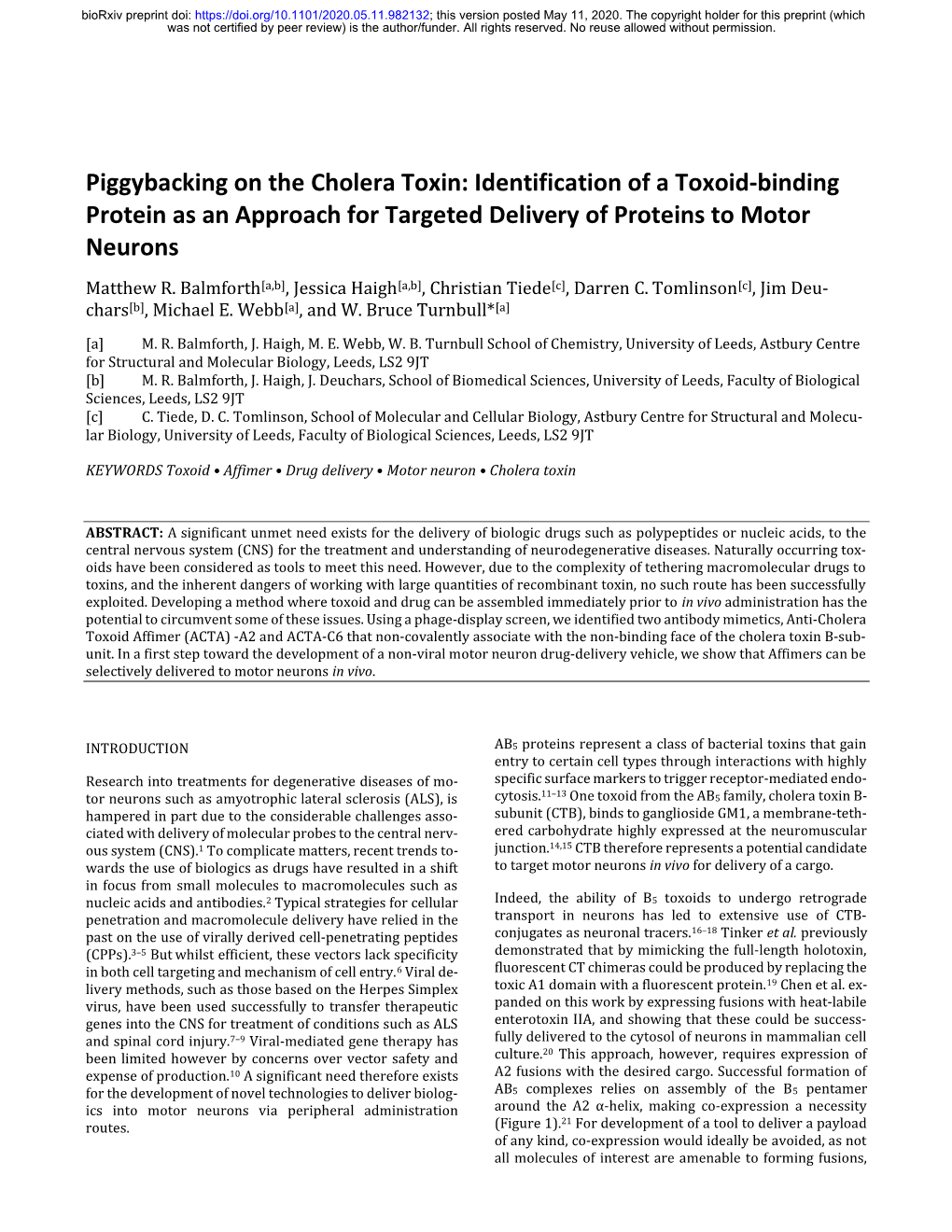 Piggybacking on the Cholera Toxin: Identification of a Toxoid-Binding Protein As an Approach for Targeted Delivery of Proteins to Motor Neurons Matthew R