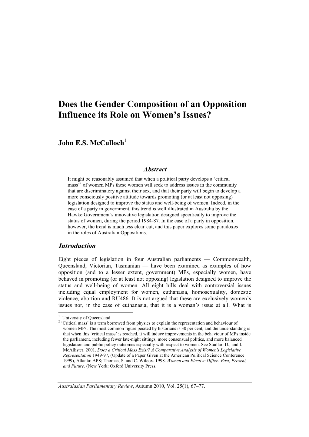 Does the Gender Composition of an Opposition Influence Its Role on Women’S Issues?