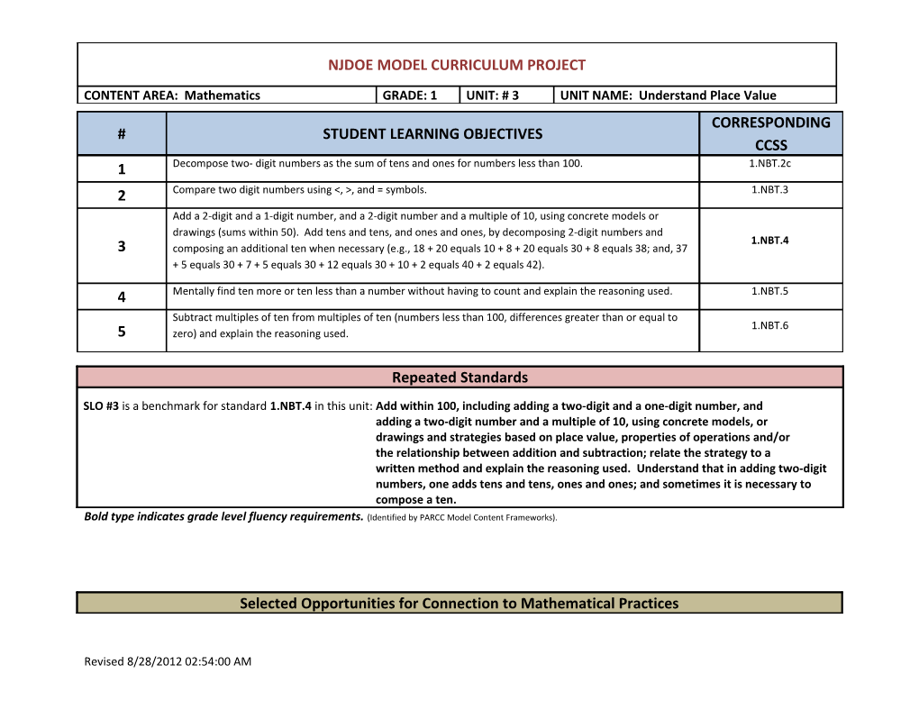 Bold Type Indicates Grade Level Fluency Requirements. (Identified by PARCC Model Content