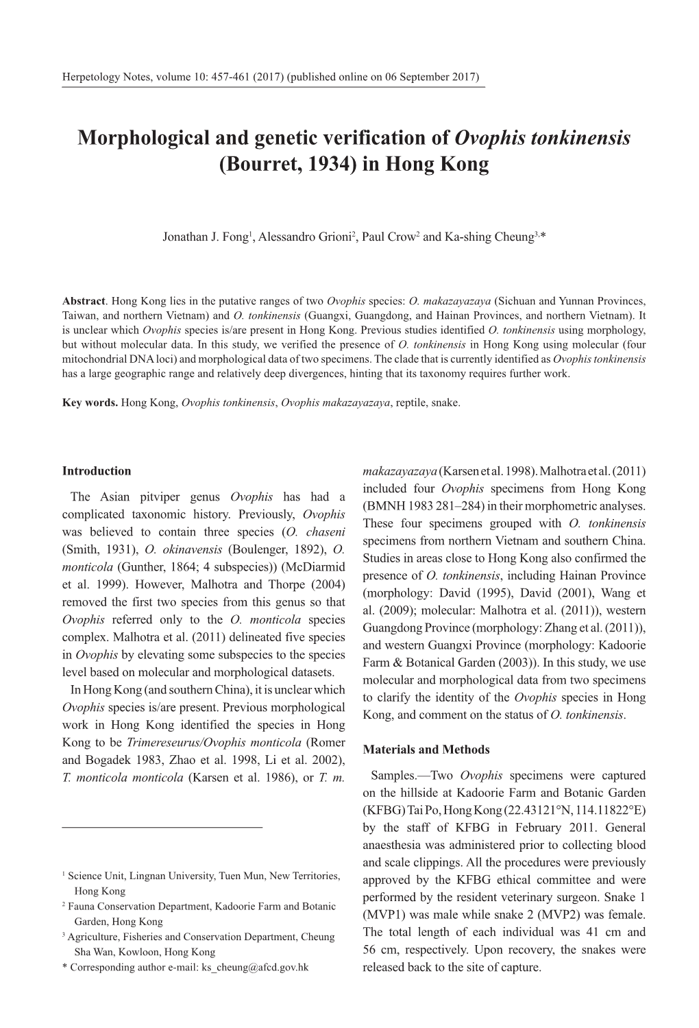 Morphological and Genetic Verification of Ovophis Tonkinensis (Bourret, 1934) in Hong Kong