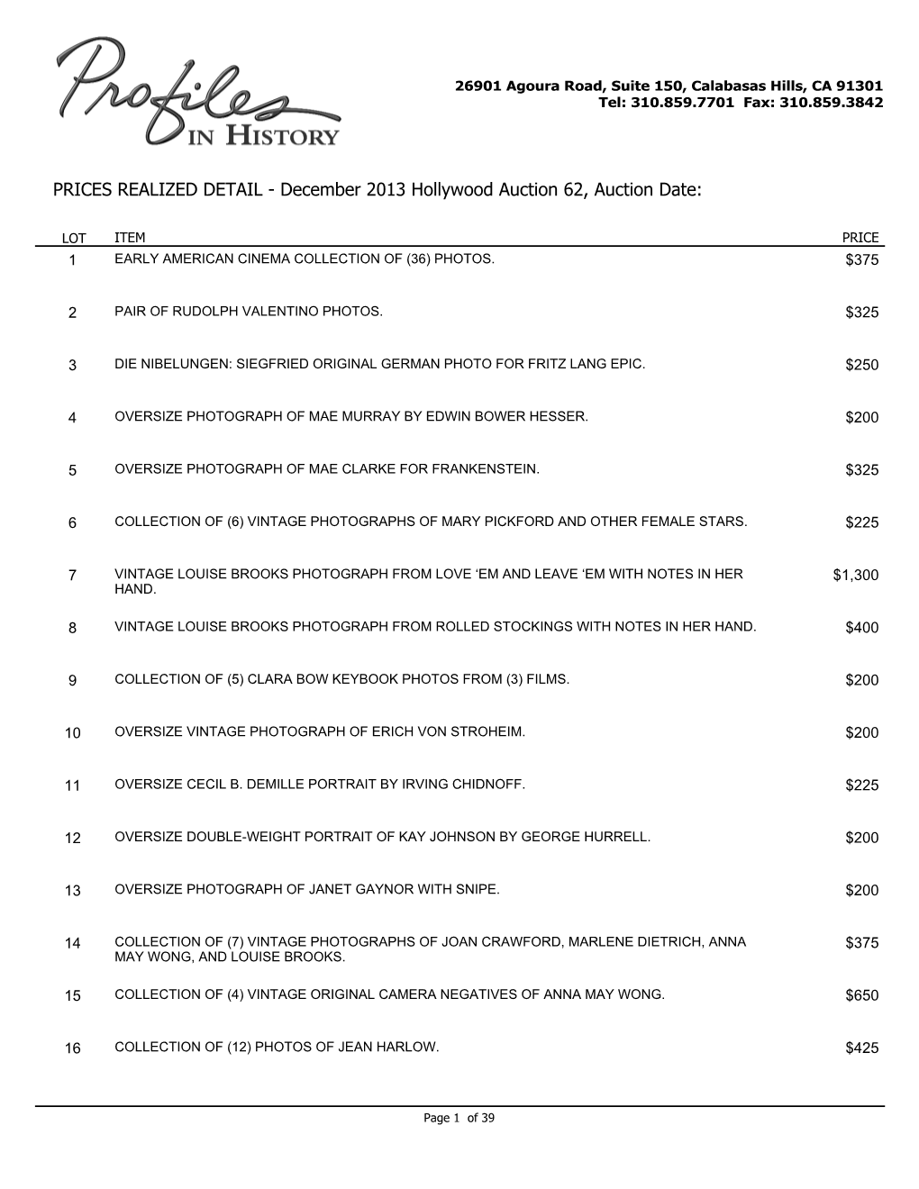 PRICES REALIZED DETAIL - December 2013 Hollywood Auction 62, Auction Date