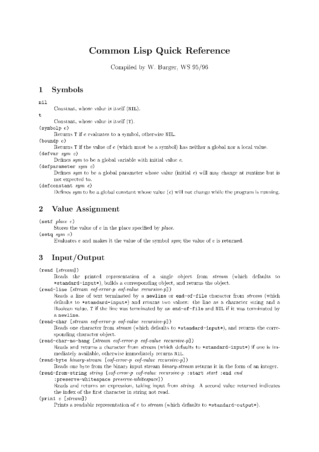 Common Lisp Quick Reference