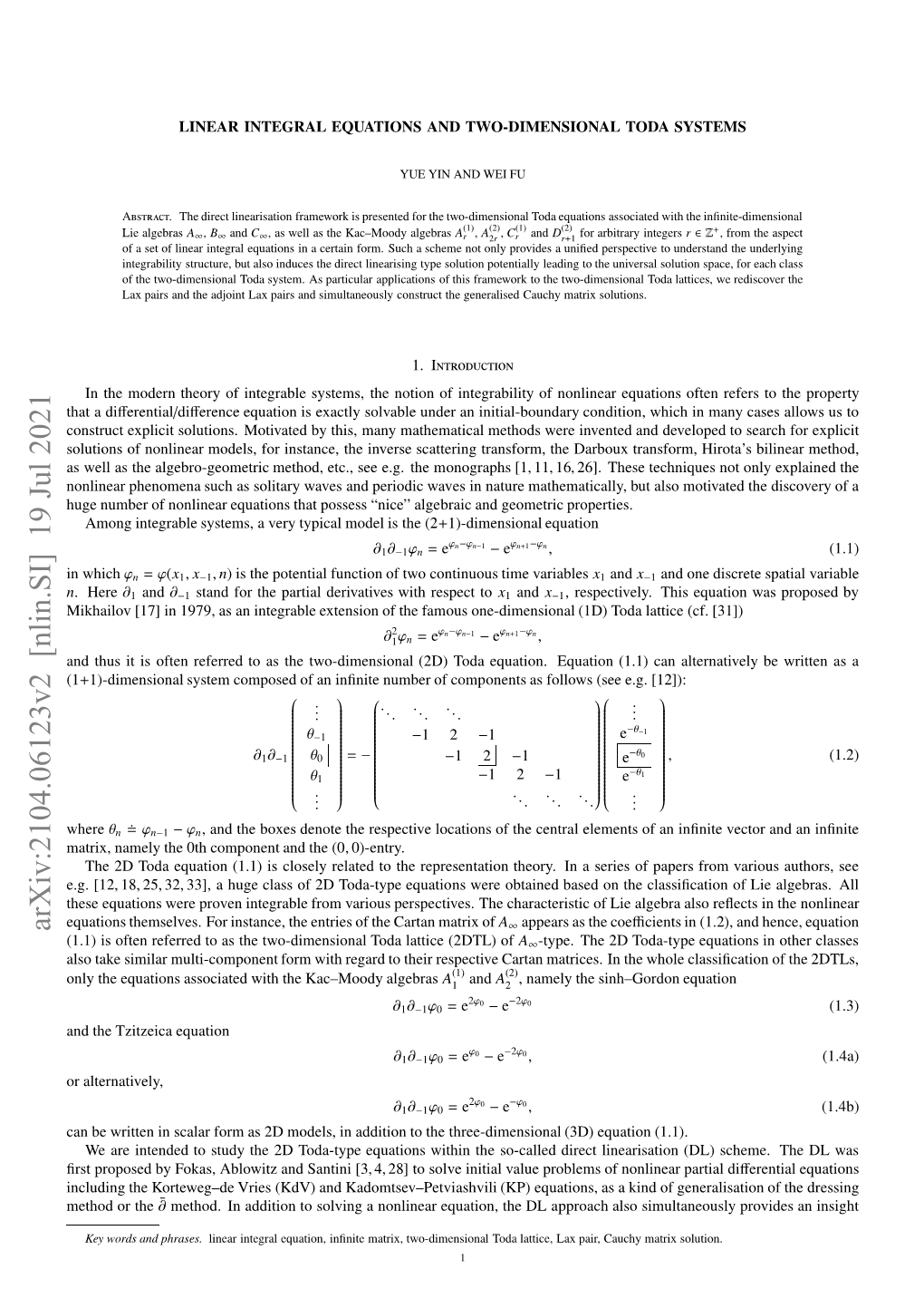 Arxiv:2104.06123V2 [Nlin.SI] 19 Jul 2021