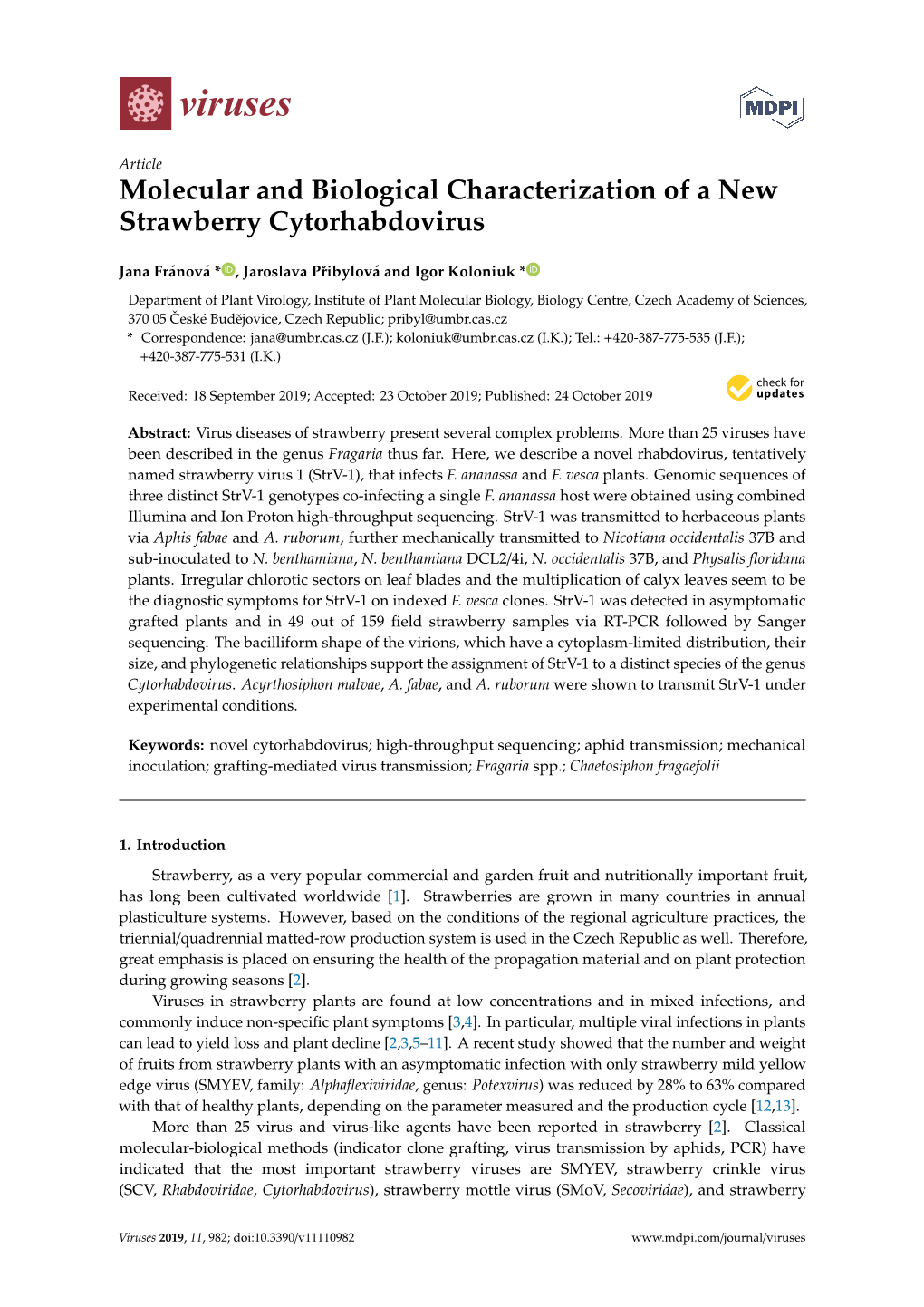 Molecular and Biological Characterization of a New Strawberry Cytorhabdovirus