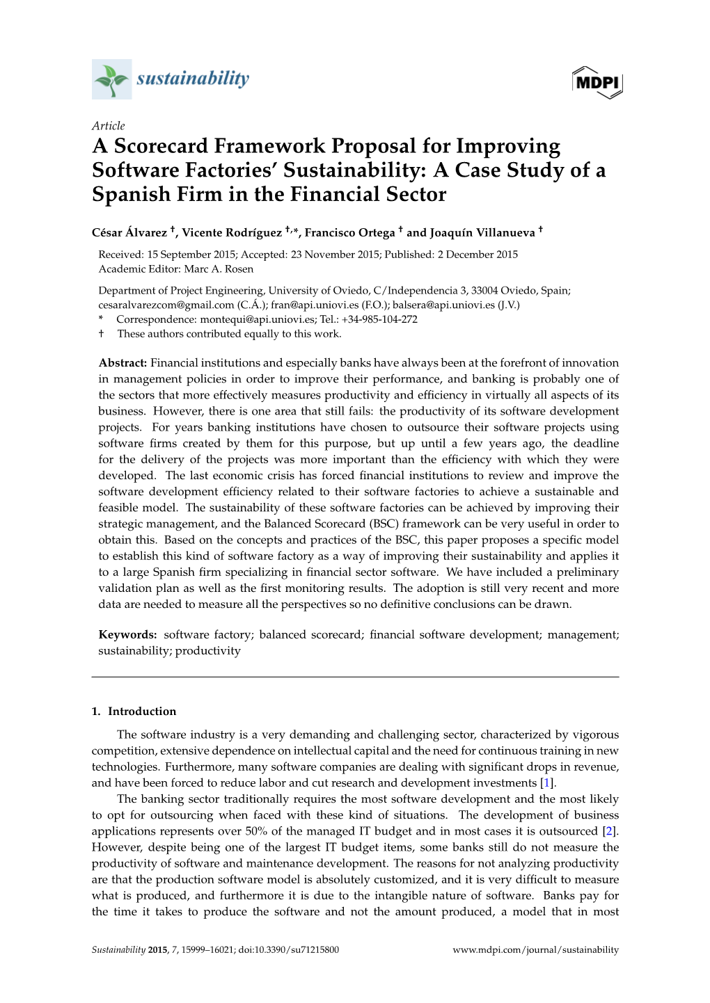 A Scorecard Framework Proposal for Improving Software Factories’ Sustainability: a Case Study of a Spanish Firm in the Financial Sector