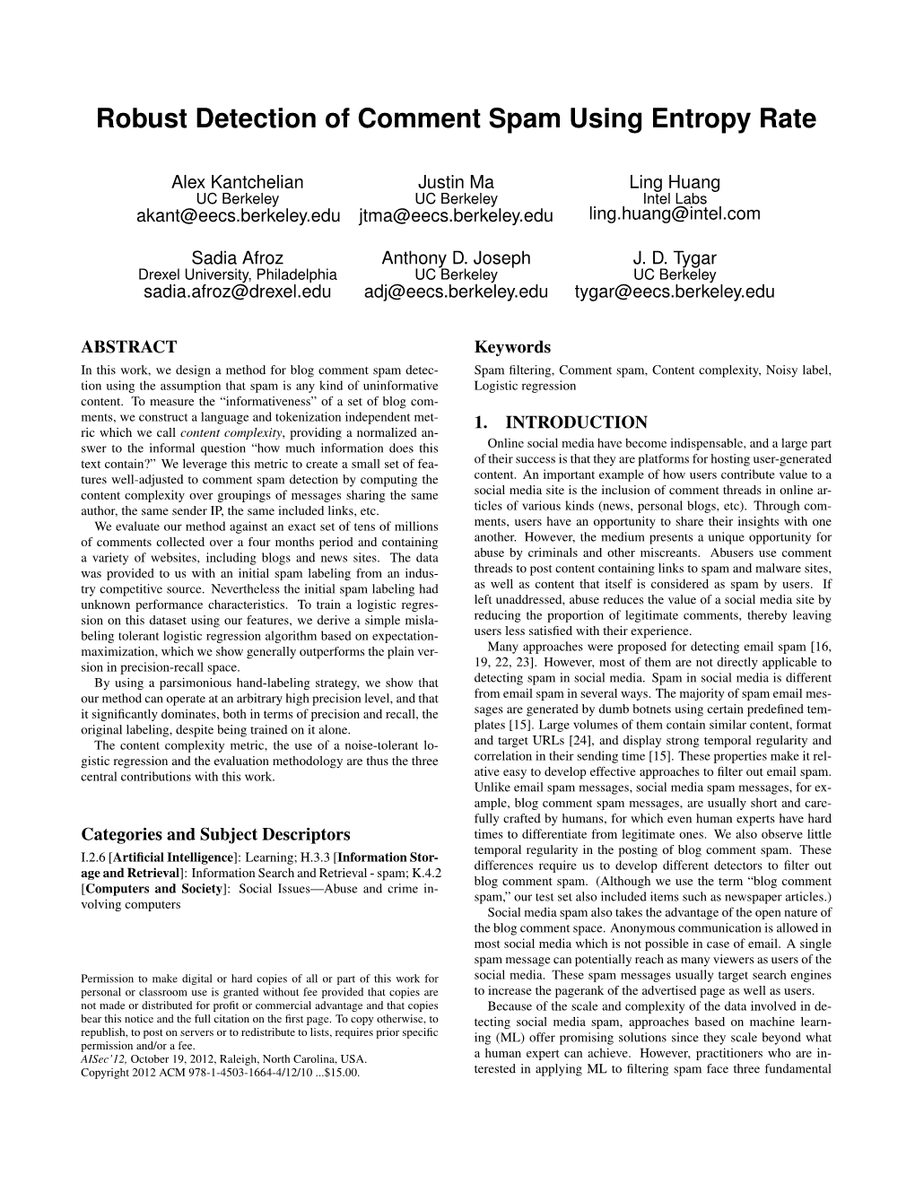 Robust Detection of Comment Spam Using Entropy Rate