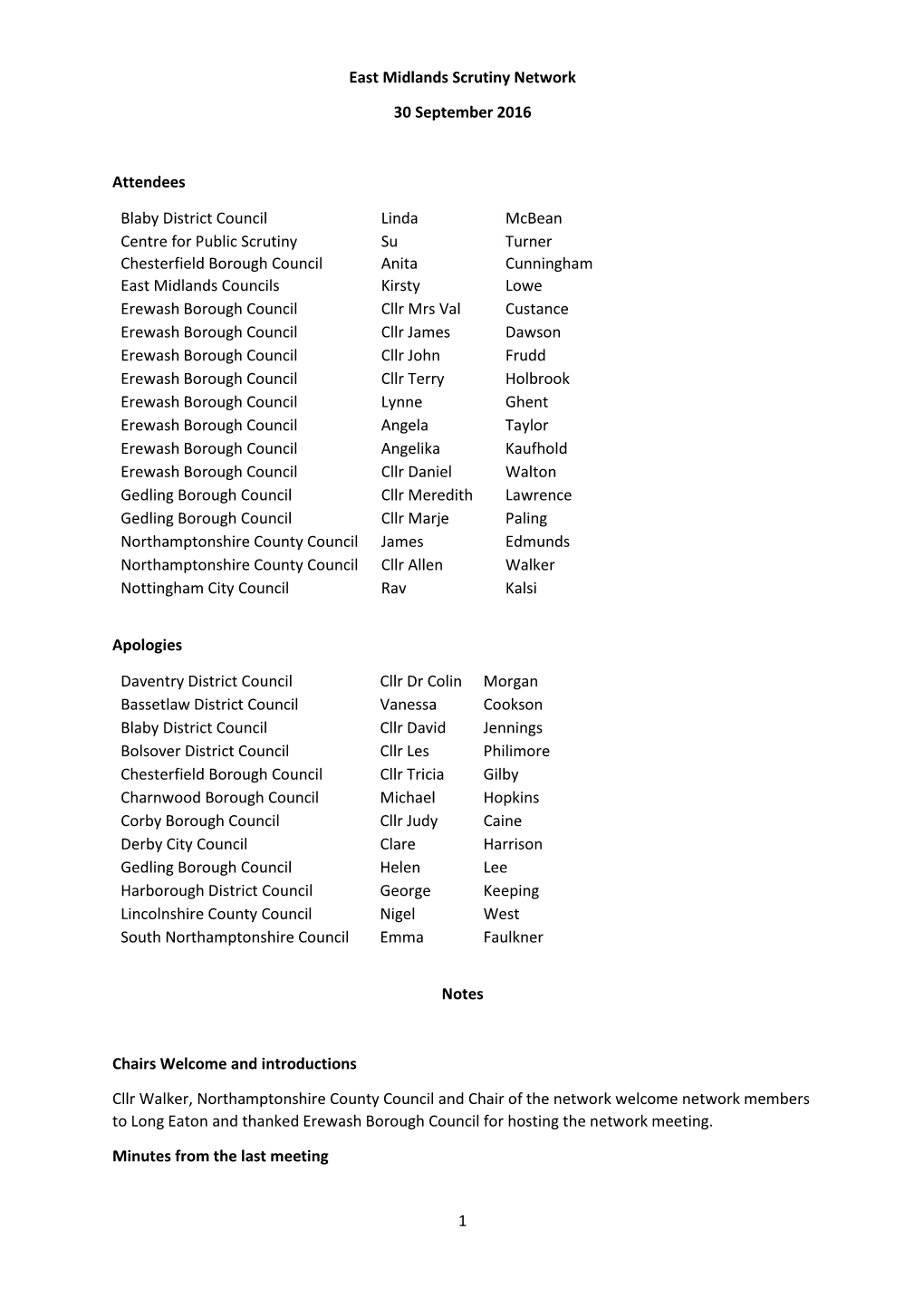 1 East Midlands Scrutiny Network 30 September 2016 Attendees Blaby District Council Linda Mcbean Centre for Public Scrutiny Su