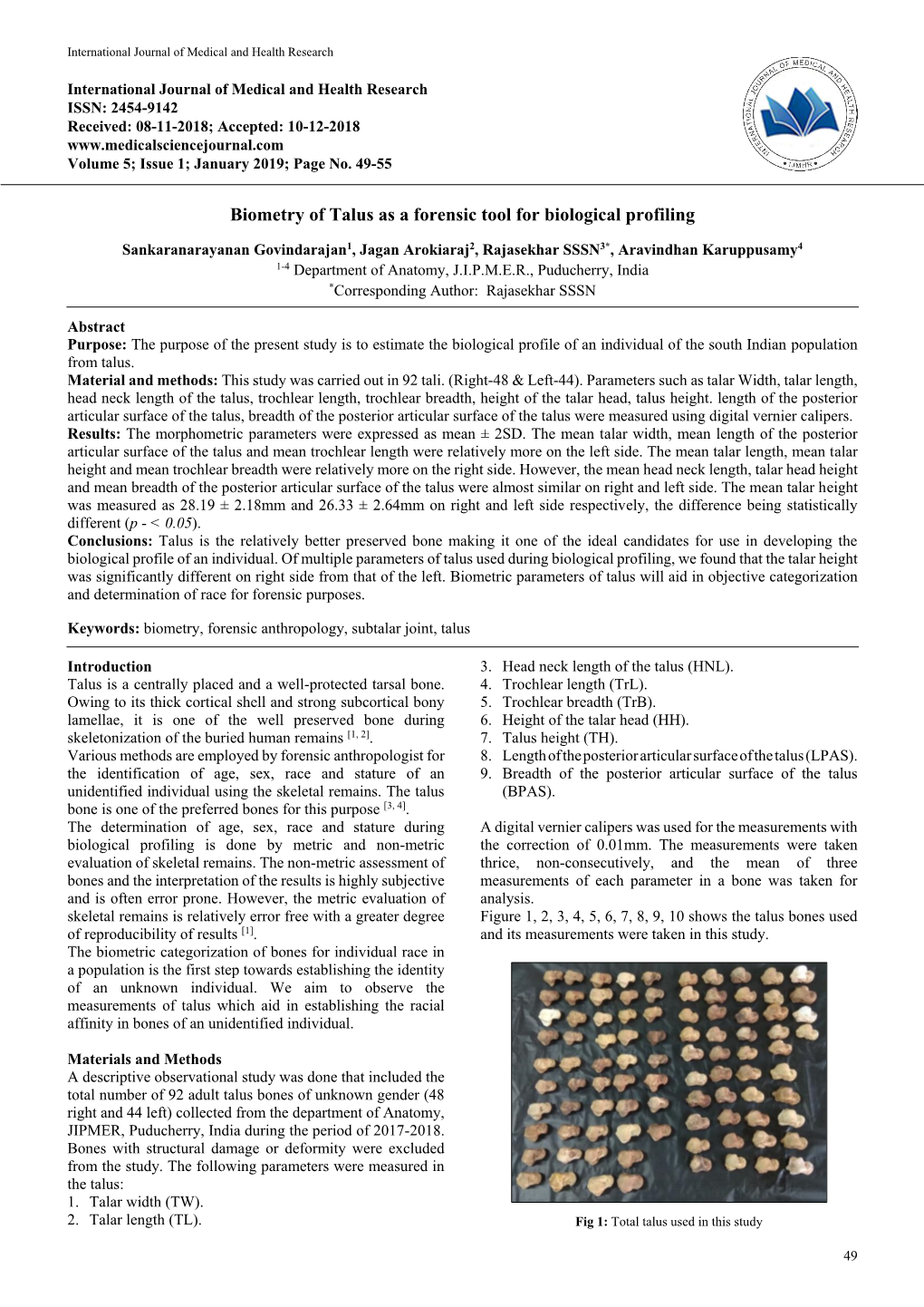 Biometry of Talus As a Forensic Tool for Biological Profiling