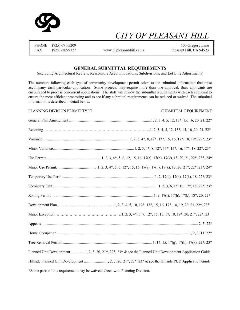 CITY of PLEASANT HILL PHONE (925) 671-5209 100 Gregory Lane FAX (925) 682-9327 Pleasant Hill, CA 94523