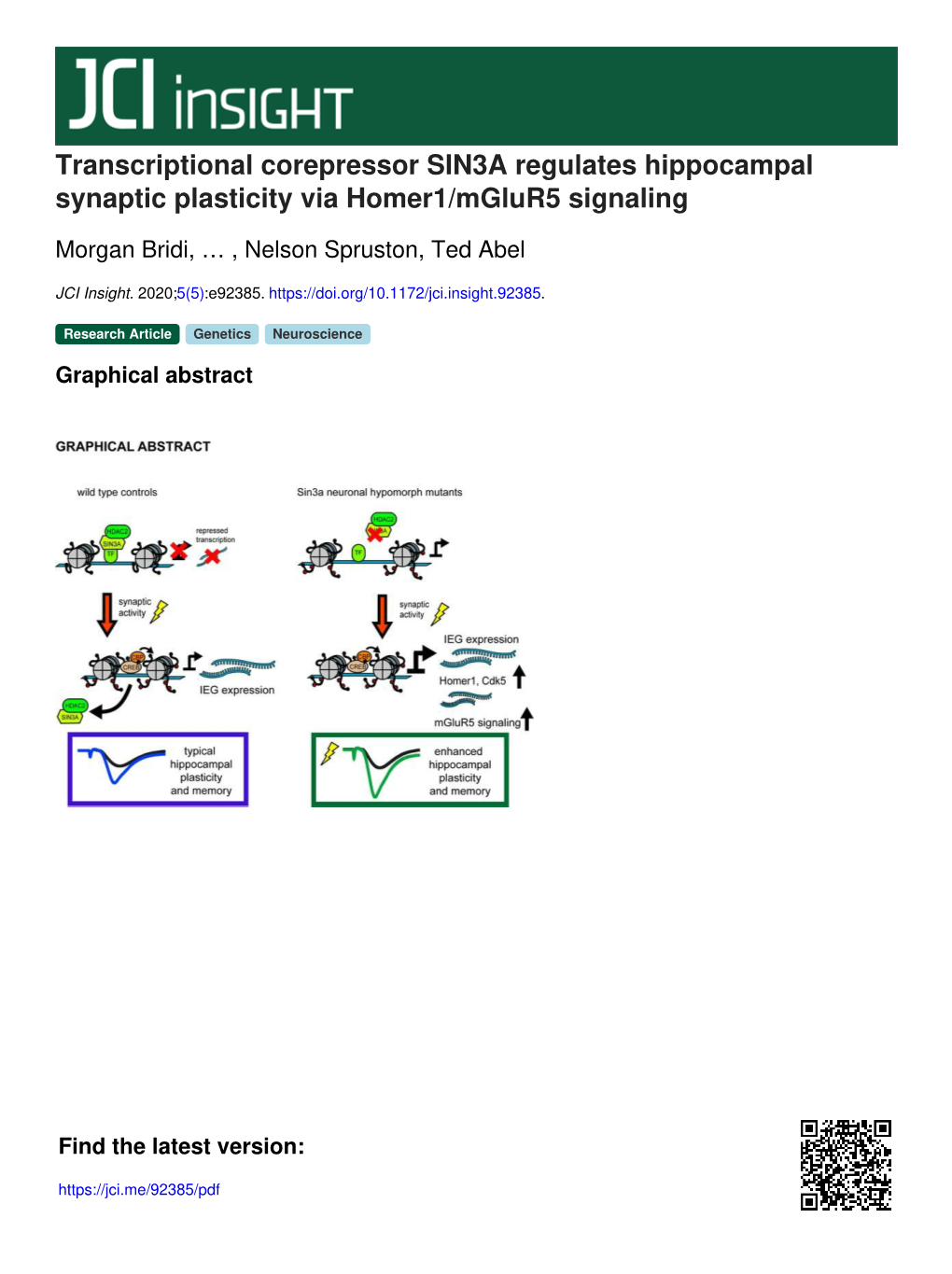 Transcriptional Corepressor SIN3A Regulates Hippocampal Synaptic Plasticity Via Homer1/Mglur5 Signaling