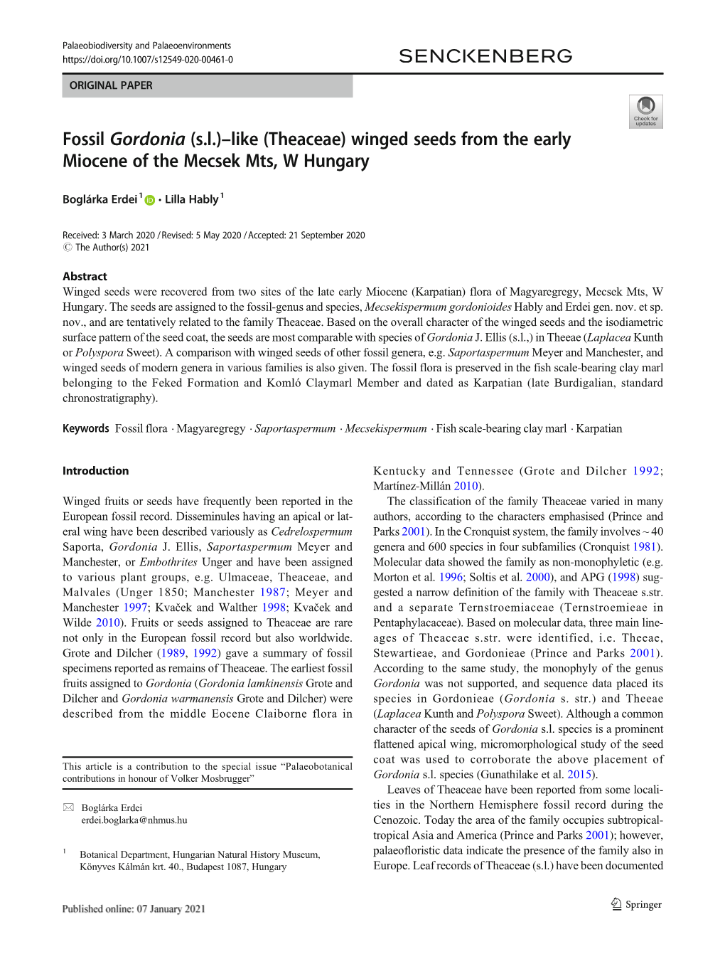 Winged Seeds from the Early Miocene of the Mecsek Mts, W Hungary