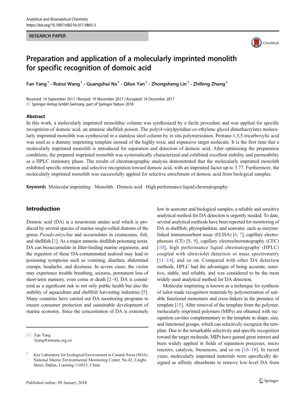 Preparation and Application of a Molecularly Imprinted Monolith for Specific Recognition of Domoic Acid