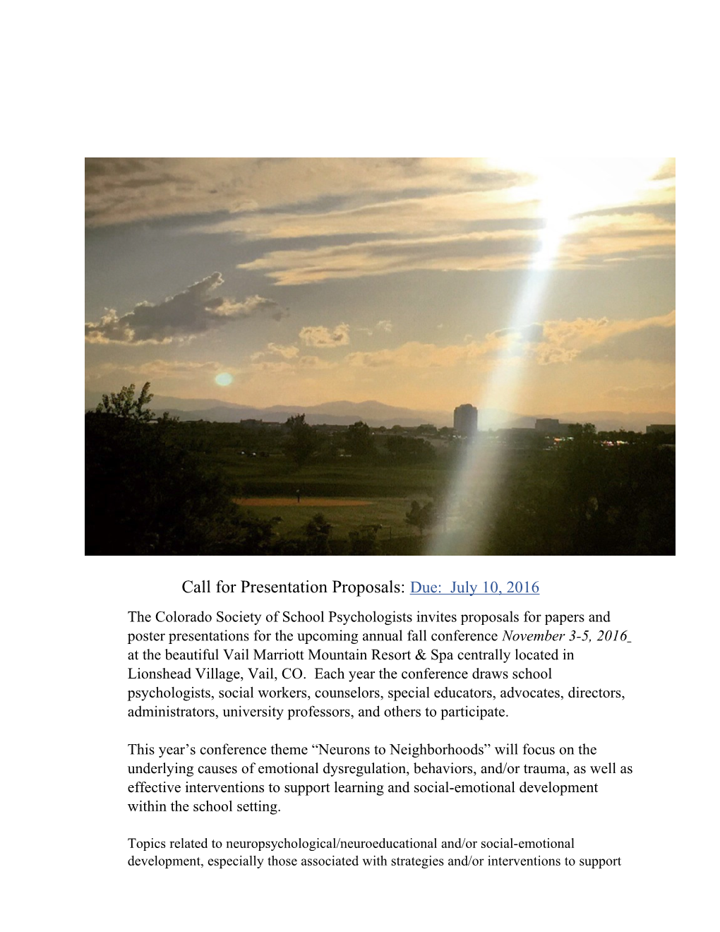 Call for Presentation Proposals: Due: July 10, 2016