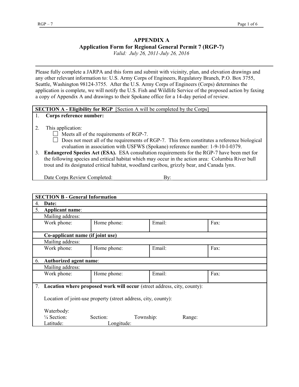 Application Form for Regional General Permit 7 (RGP-7)
