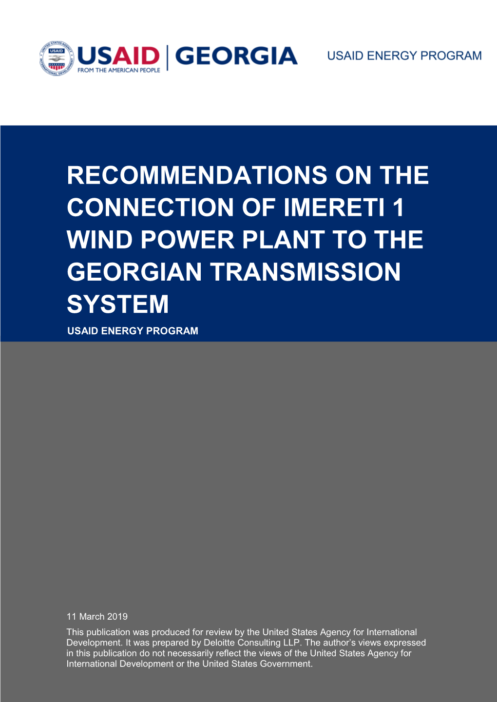 Recommendations on the Connection of Imereti 1 Wind Power Plant to the Georgian Transmission System Usaid Energy Program