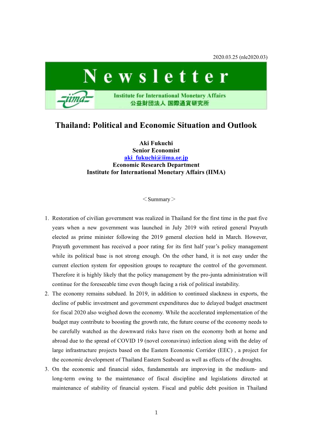 Thailand: Political and Economic Situation and Outlook