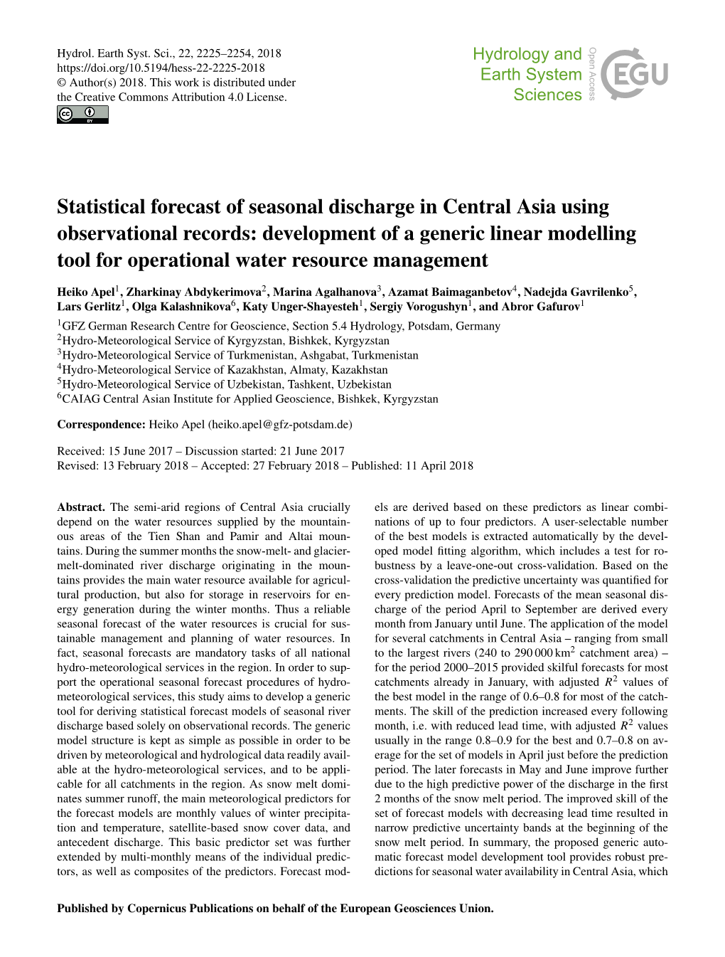 Statistical Forecast of Seasonal Discharge in Central Asia Using